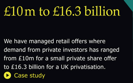 We have managed retail offers where demand from private investors has ranged from �10m for a small private share offer to �16.3 billion for a UK privatisation